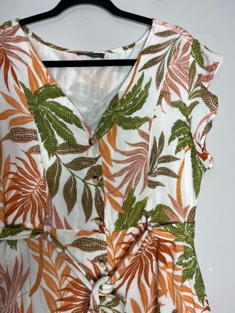 Suzy Shier Leaf Print V-neck Button Front Short Sleeve Tie-Waist Midi Dress, XXL - Picture 4 of 11